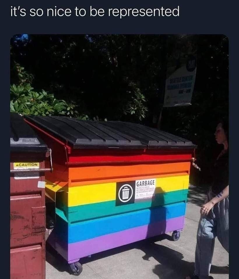 This meme is a humorous image of a rainbow-colored trash can, often referred to as a "gay trash can" or "pride trash can." The image features a brightly colored trash can with a rainbow flag design, and the text "it's so gay" is written above it. The caption "it's so gay" is a playful and ironic reference to the trash can's rainbow colors, implying that the trash can is so gay that it's even in a trash can.